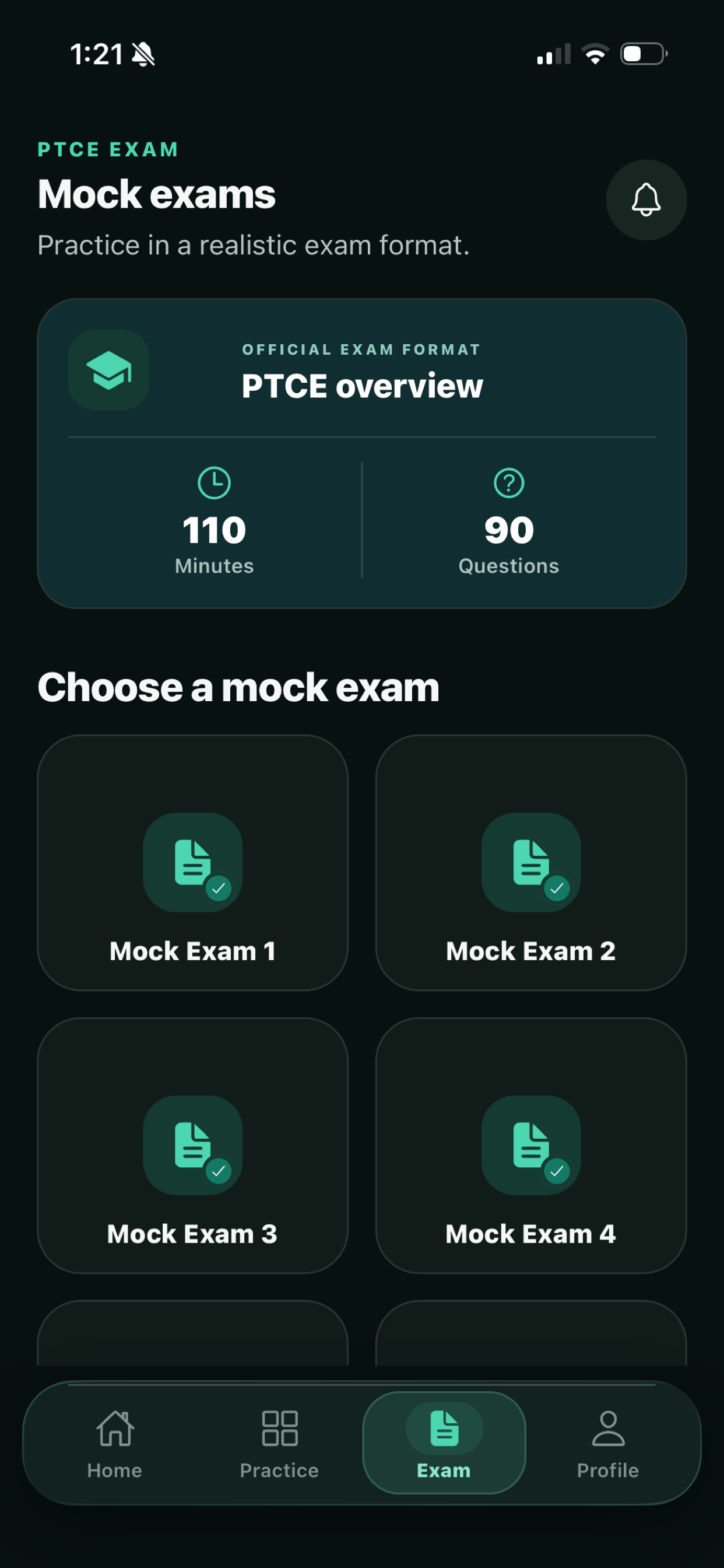 Mock exam screen with the PTCE format and exam choices