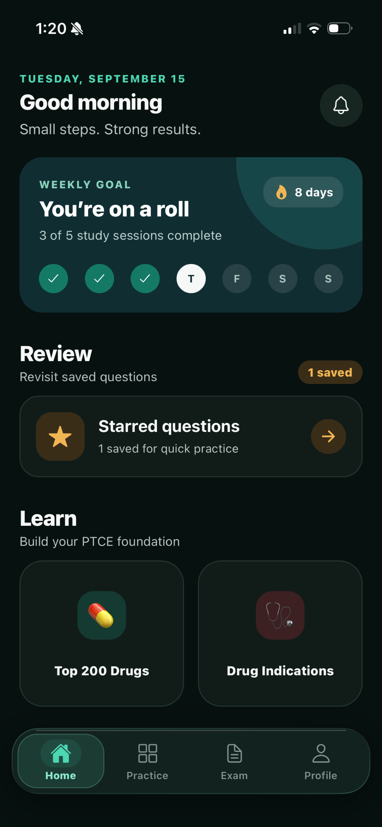 PTCE Prep home screen with weekly study goal and learning topics