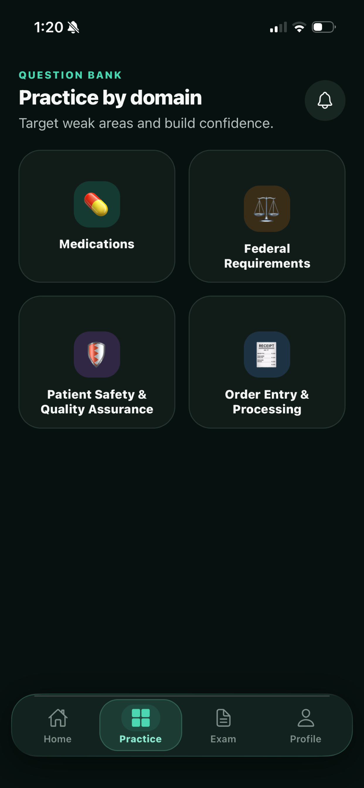 Practice screen organized by the four PTCE content domains